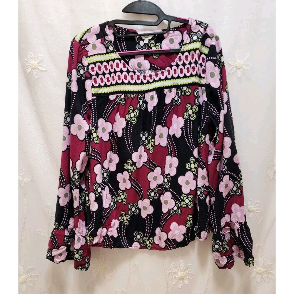 CROWN & IVY WOMEN PXL PURPLE GREEN FLORAL BLOUSE POET SLEEVE FLOWER ARTSY GROOVY